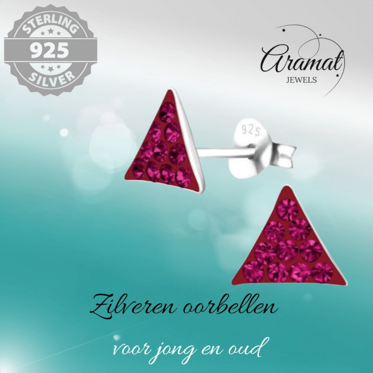 Zilveren oorstekers driehoek fuchsia roze kristal - Aramat Jewels - Oorbellen - cadeautip