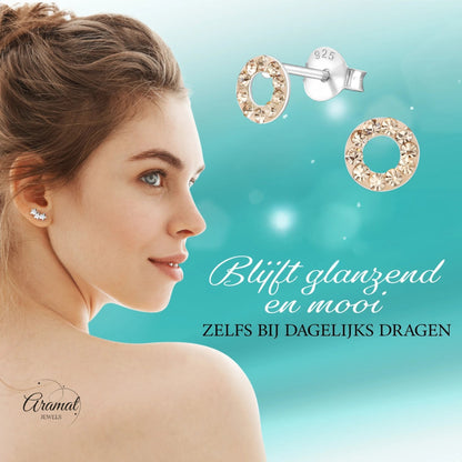 Zilveren open cirkel oorbellen champagne kristal - Aramat Jewels - Oorbellen - cadeautip