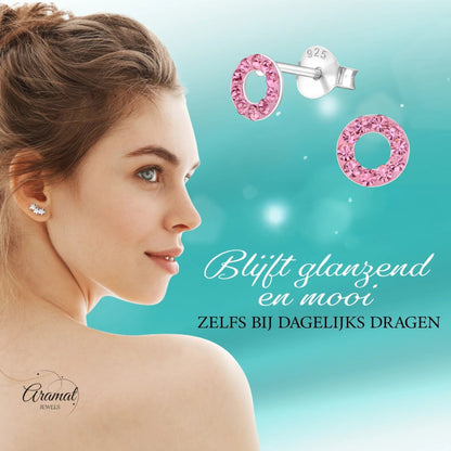 Zilveren open cirkel oorbellen lichtroze kristal - Aramat Jewels - Oorbellen - cadeautip