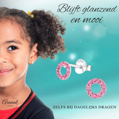 Zilveren open cirkel oorbellen lichtroze kristal - Aramat Jewels - Oorbellen - cadeautip