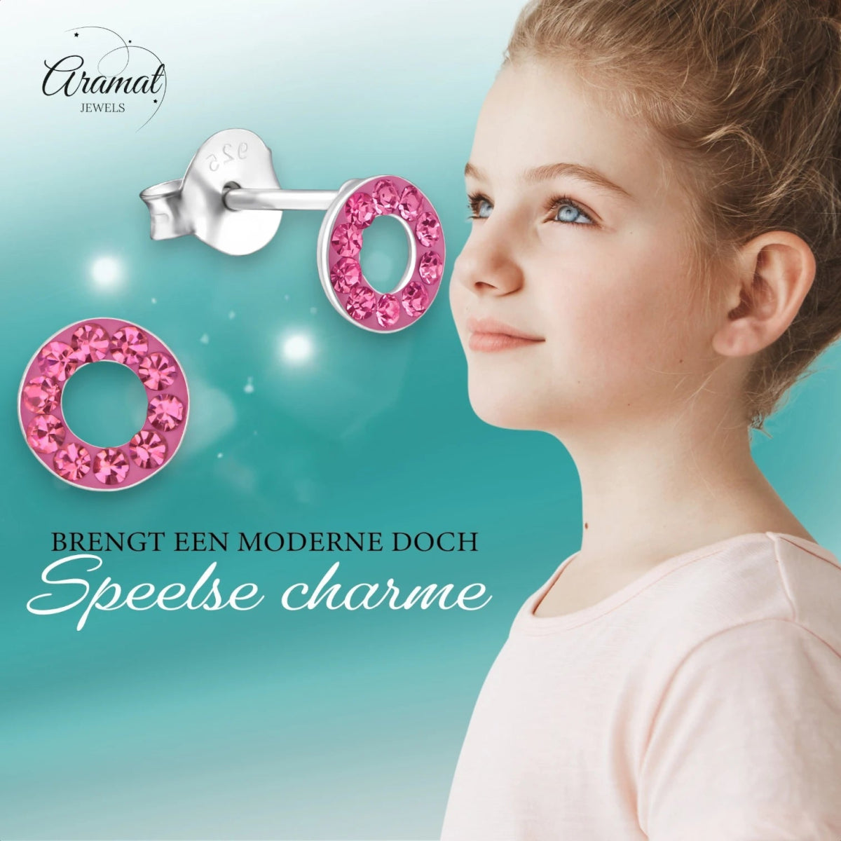 Zilveren open cirkel oorbellen roze kristal - Aramat Jewels - Oorbellen - cadeautip