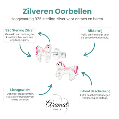 Zilveren Paarden Oorbellen - Wit/Roze Emaille - Aramat Jewels - Oorbellen - cadeautip