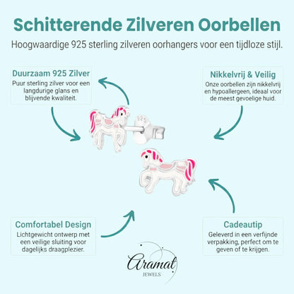 Zilveren Paarden Oorbellen - Wit/Roze Emaille - Aramat Jewels - Oorbellen - cadeautip