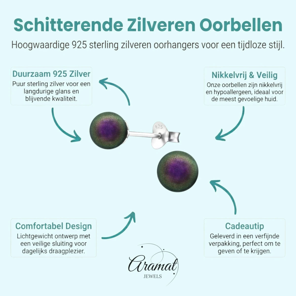 Zilveren Parel Oorbellen - Iriserend Paars - 6mm - Aramat Jewels - Oorbellen - cadeautip