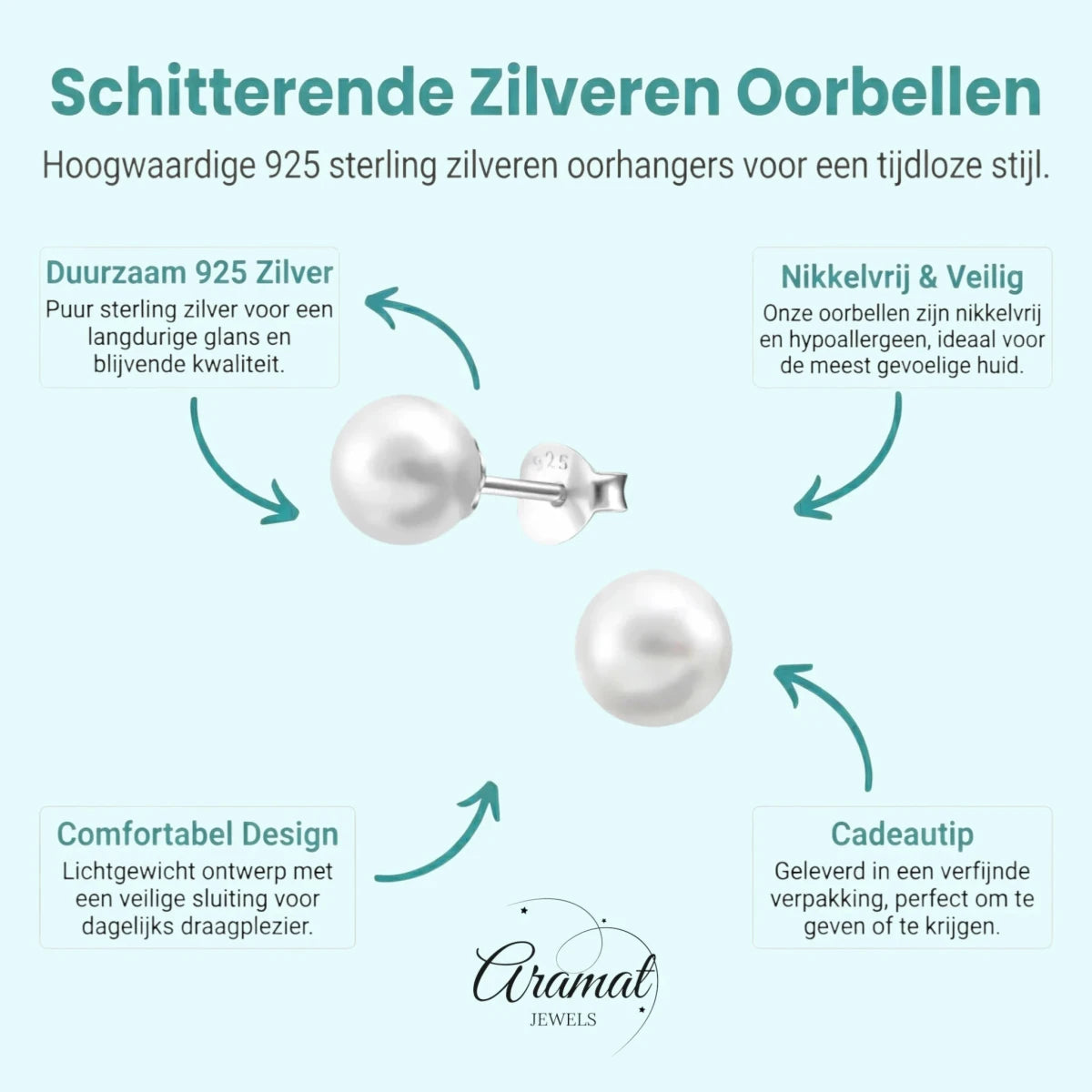 Zilveren Parel Oorbellen wit - Aramat Jewels - Oorbellen - cadeautip