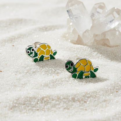 Zilveren Schildpad Oorbellen - Groen en Geel Emaille - Aramat Jewels - Oorbellen - cadeautip