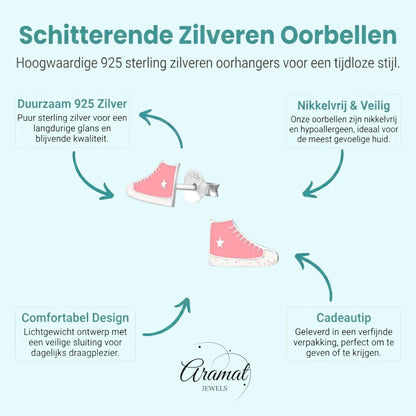 Zilveren Sneaker Oorbellen met Roze en Witte Glitter Emaille – 10x6mm - Aramat Jewels - Oorbellen - cadeautip