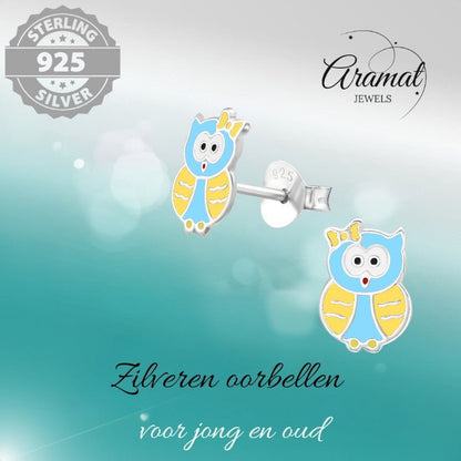 Zilveren Uiltjes Oorbellen - Blauw/Geel Emaille - oor873 - 29621 - Oorbellen kopen