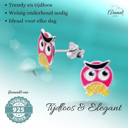 Zilveren Uiltjes Oorbellen - Geel/Roze Emaille - Cadeautip - oor413 - Oorbellen kopen