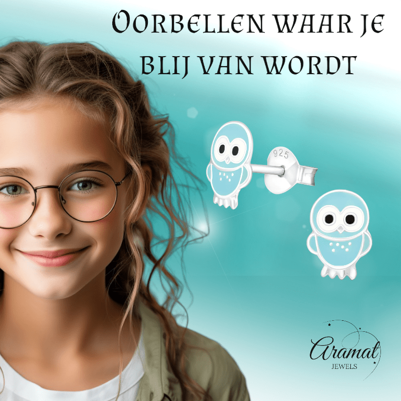 Zilveren Uiltjes Oorbellen Lichtblauw 9x7 mm - oor855 - 18744 - Oorbellen kopen# - 925 Zilver - 9mm - alles