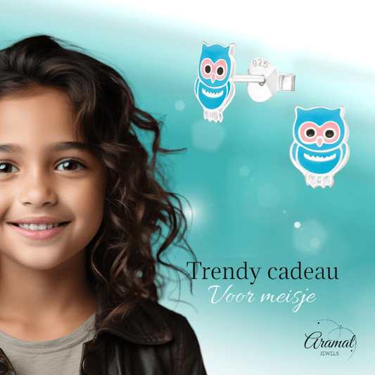 Zilveren Uiltjes Oorbellen – Lichtblauw - oor1047 - 3685 - Oorbellen kopen# - 925 Zilver - 9mm - alles