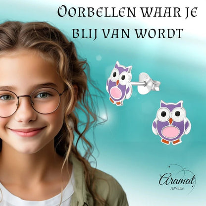 Zilveren Uiltjes Oorbellen Meisje – 925 Zilver – Paars Roze Emaille – 8mm – Kinder Oorstekers - oor895 - 22223 - Oorbellen kopen# - 8mm - 925 Zilver - alles