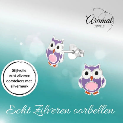 Zilveren Uiltjes Oorbellen Meisje – 925 Zilver – Paars Roze Emaille – 8mm – Kinder Oorstekers - oor895 - 22223 - Oorbellen kopen# - 8mm - 925 Zilver - alles