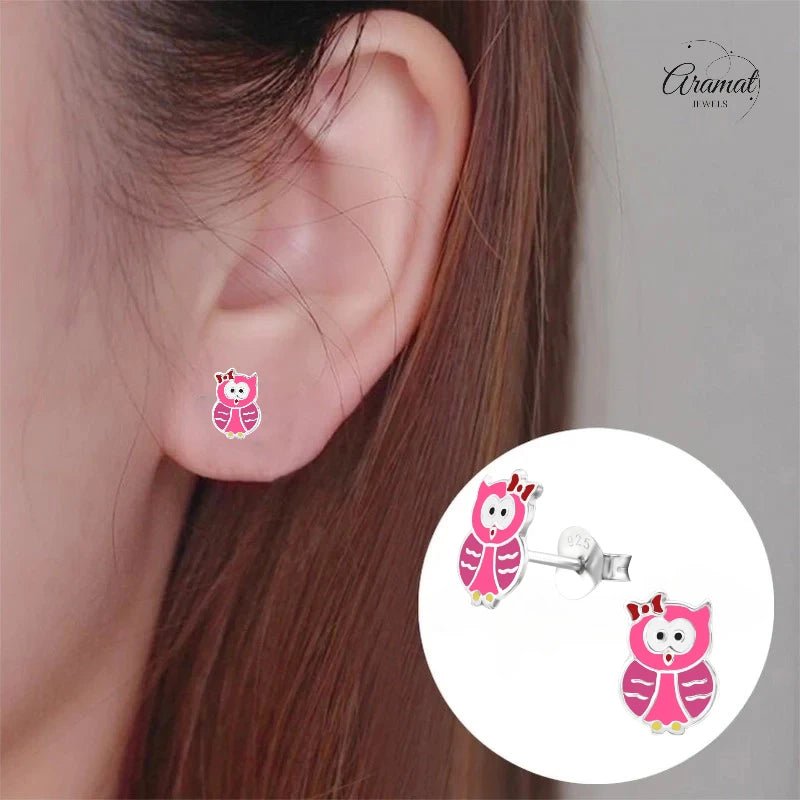 Zilveren Uiltjes Oorbellen Meisje – 925 Zilver – Roze & Donkerroze Emaille – 8x6mm – Kinder Oorstekers - oor885 - 26495 - Oorbellen kopen# - 8mm - 925 Zilver - alles