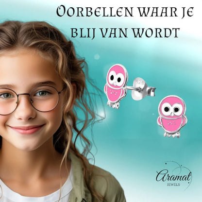 Zilveren Uiltjes Oorbellen Meisje – 925 Zilver – Roze Emaille – 9x6mm – Oorstekers Kind - oor313 - 15956 - Oorbellen kopen# - 925 Zilver - 9mm - alles