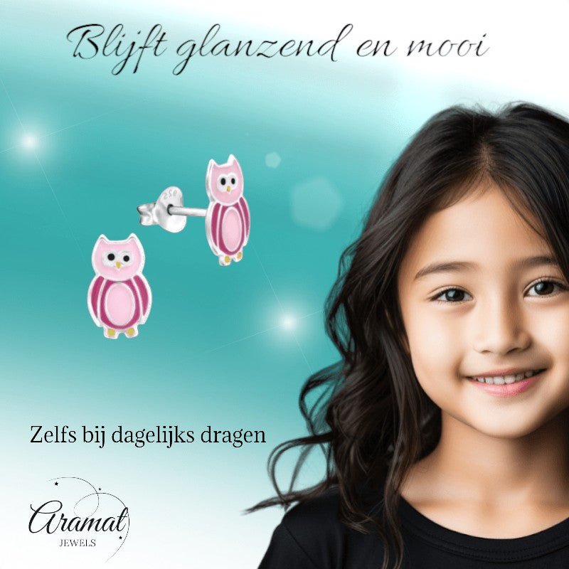 Zilveren Uiltjes Oorbellen Roze 10x6 mm - oor860 - Oorbellen kopen# - 10mm - 925 Zilver - alles