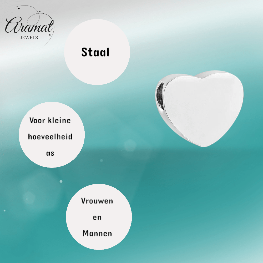 Zilverkleurige asbedel hart – roestvrij staal 13mm - Aramat Jewels - Asbedels - cadeautip