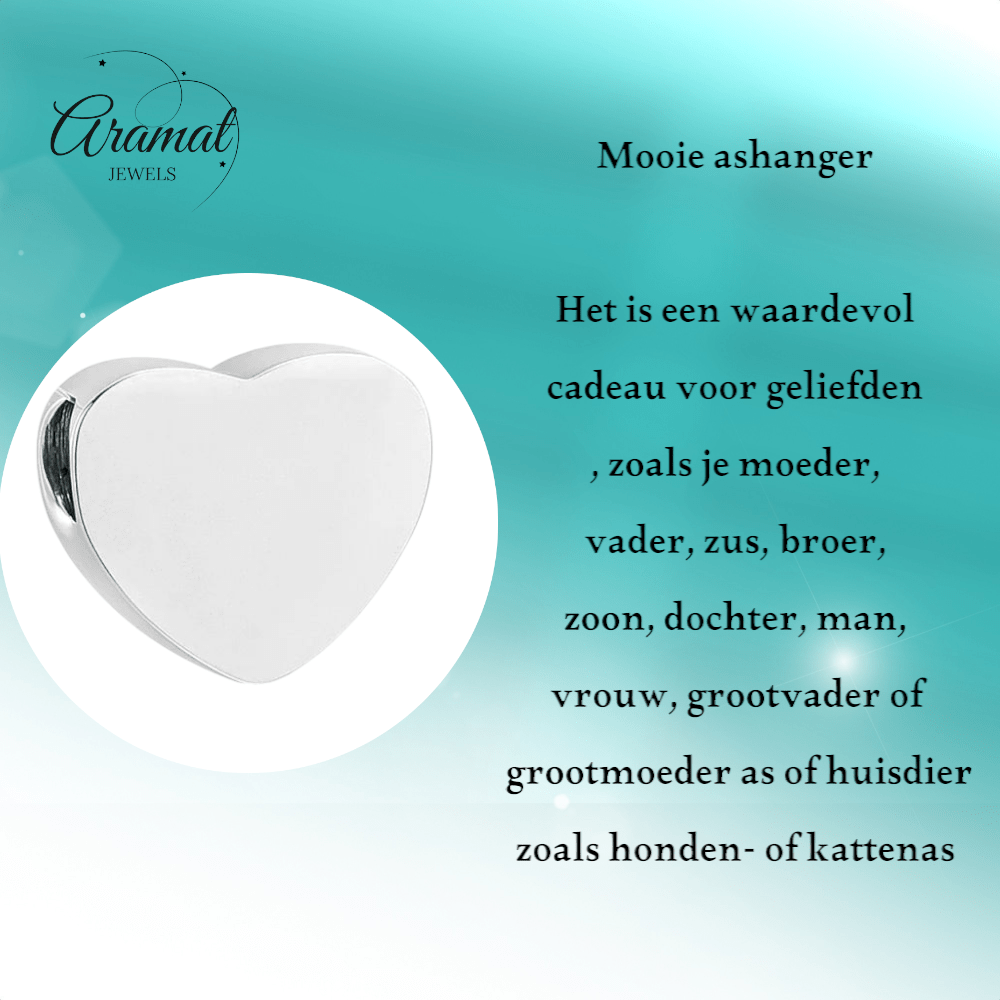 Zilverkleurige asbedel hart – roestvrij staal 13mm - Aramat Jewels - Asbedels - cadeautip