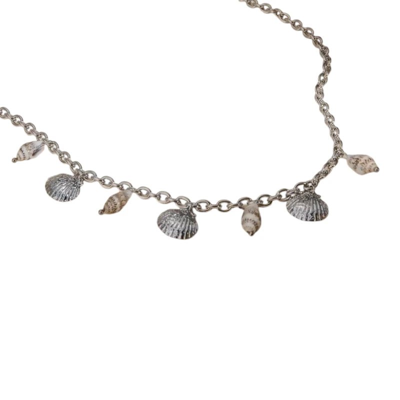 Zilverkleurige bedelketting met echte schelpen – 40+5 cm - ket1184 - 513517 - Halskettingen kopen# - 40cm - alles - Bedelketting