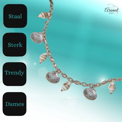 Zilverkleurige bedelketting met echte schelpen – 40+5 cm - ket1184 - 513517 - Halskettingen kopen# - 40cm - alles - Bedelketting