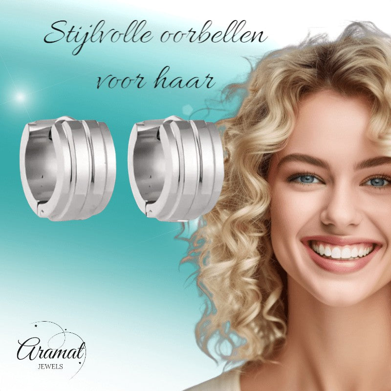 Zilverkleurige Klapcreolen - RVS - Twee Strepen - 13 mm - Uniseks - oor5786 - se20003 - Oorringen kopen# - 13mm - alles - cadeau