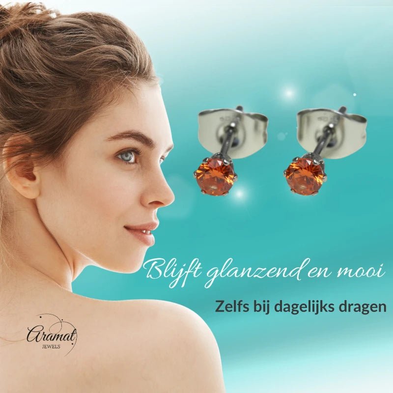 Zilverkleurige RVS Oorstekers Geboortesteen Juli - Rood/Oranje - 3 mm - Aramat Jewels - Oorbellen - cadeautip