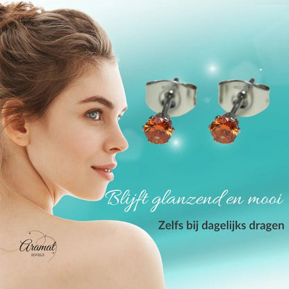 Zilverkleurige RVS Oorstekers Geboortesteen Juli - Rood/Oranje - 3 mm - Aramat Jewels - Oorbellen - cadeautip