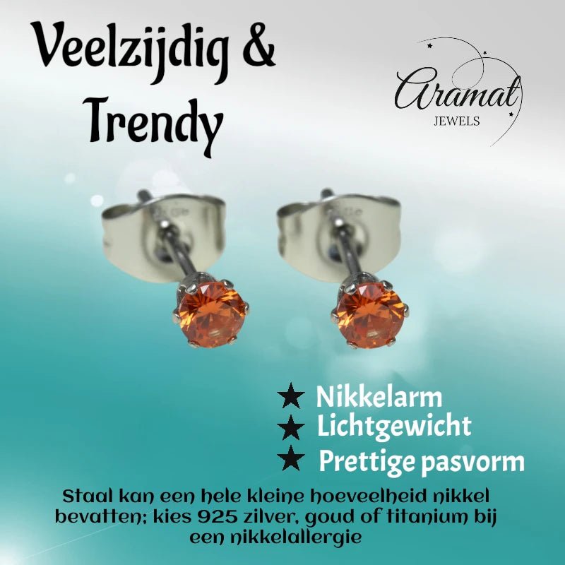 Zilverkleurige RVS Oorstekers Geboortesteen Juli - Rood/Oranje - 3 mm - Aramat Jewels - Oorbellen - cadeautip