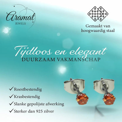 Zilverkleurige RVS Oorstekers Geboortesteen Juli - Rood/Oranje - 3 mm - Aramat Jewels - Oorbellen - cadeautip