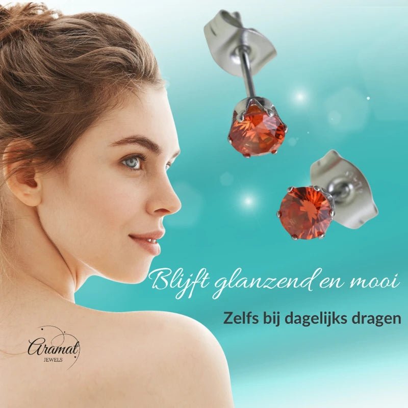 Zilverkleurige RVS Oorstekers Geboortesteen Juli - Rood/Oranje - 4 mm - Aramat Jewels - Oorbellen - cadeautip