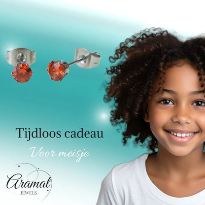 Zilverkleurige RVS Oorstekers Geboortesteen Juli - Rood/Oranje - 4 mm - Aramat Jewels - Oorbellen - cadeautip