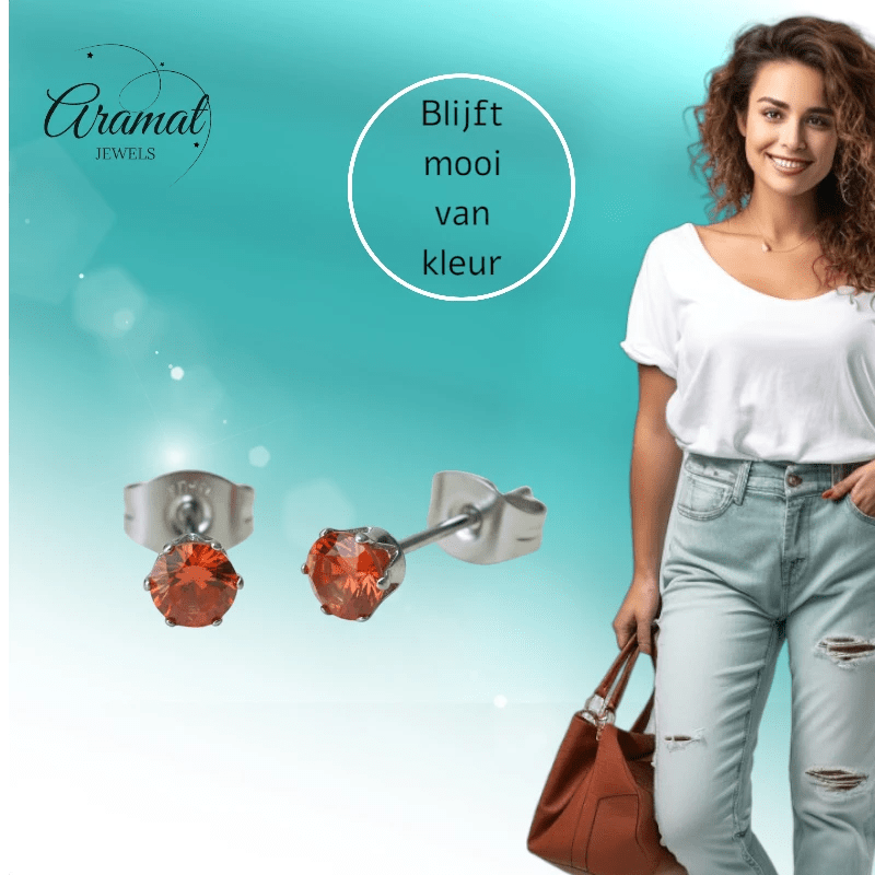 Zilverkleurige RVS Oorstekers Geboortesteen Juli - Rood/Oranje - 4 mm - Aramat Jewels - Oorbellen - cadeautip