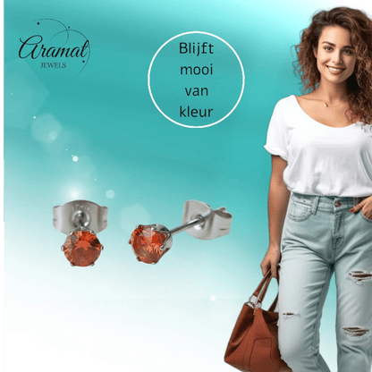Zilverkleurige RVS Oorstekers Geboortesteen Juli - Rood/Oranje - 4 mm - Aramat Jewels - Oorbellen - cadeautip