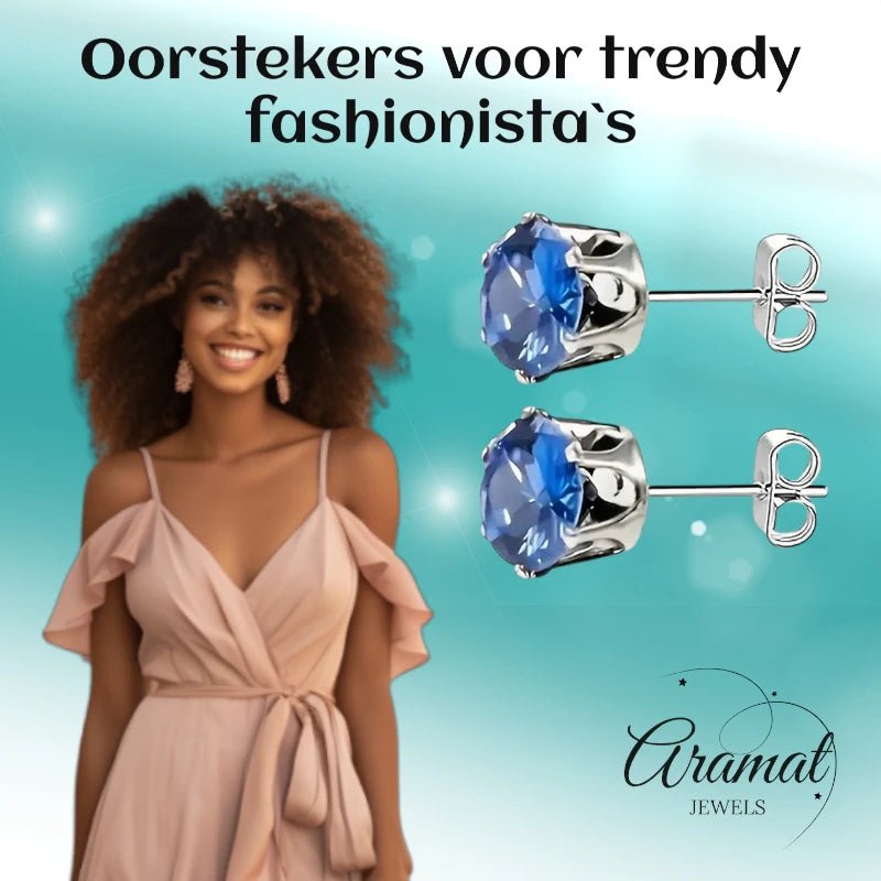 Zilverkleurige RVS Oorstekers met Blauwe Zirkonia - 8 mm - Aramat Jewels - Oorbellen - cadeautip
