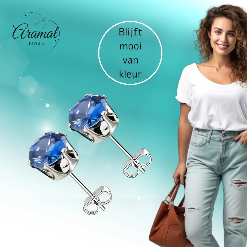 Zilverkleurige RVS Oorstekers met Blauwe Zirkonia - 8 mm - Aramat Jewels - Oorbellen - cadeautip