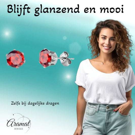 Zilverkleurige RVS Oorstekers met Rode Zirkonia - Rond - Aramat Jewels - Oorbellen - cadeautip