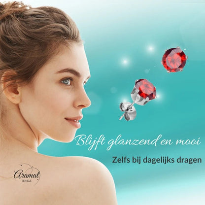Zilverkleurige RVS Oorstekers met Rode Zirkonia - Rond - Aramat Jewels - Oorbellen - cadeautip