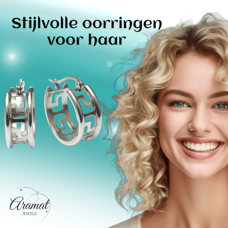 Zilverkleurige Stalen Oorringen Grieks Motief - Aramat Jewels - Oorringen - cadeautip