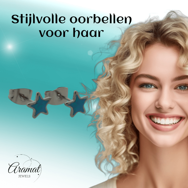 Zilverkleurige Ster Oorbellen Blauw Glitter - oor6179 - YY - Oorbellen kopen# - 6mm - alles - blauw