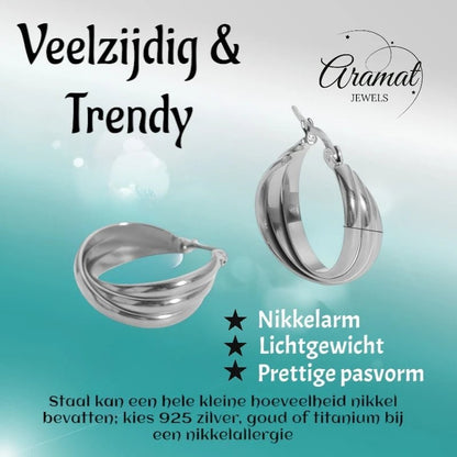 Zilverkleurige Triple Oorringen 25x9mm – Glanzend en Gelaagd - oor6300 - 67350 - Oorringen kopen# - 25mm - alles - cadeau