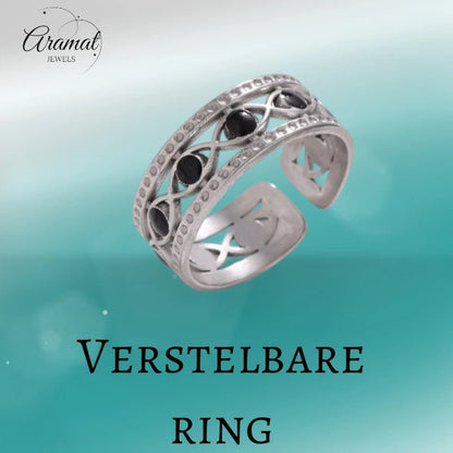 Zilverkleurige Verstelbare RVS Ring met Zwart Boze Oog en Schakelmotief - Aramat Jewels - Ringen - cadeautip