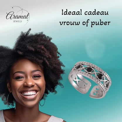 Zilverkleurige Verstelbare RVS Ring met Zwart Boze Oog en Schakelmotief - Aramat Jewels - Ringen - cadeautip