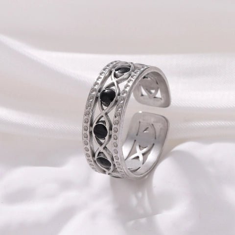 Zilverkleurige Verstelbare RVS Ring met Zwart Boze Oog en Schakelmotief - Aramat Jewels - Ringen - cadeautip