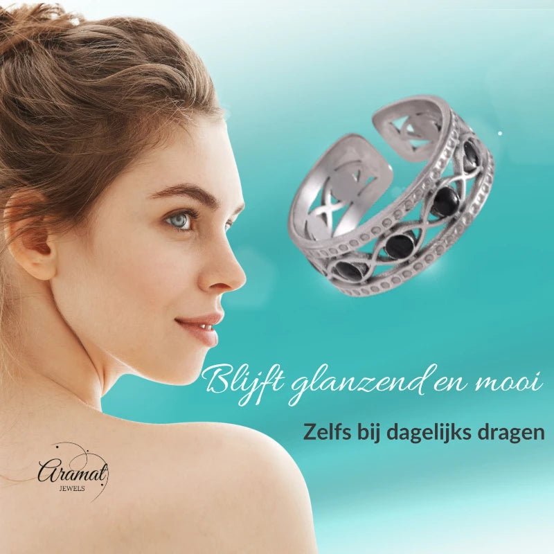 Zilverkleurige Verstelbare RVS Ring met Zwart Boze Oog en Schakelmotief - Aramat Jewels - Ringen - cadeautip