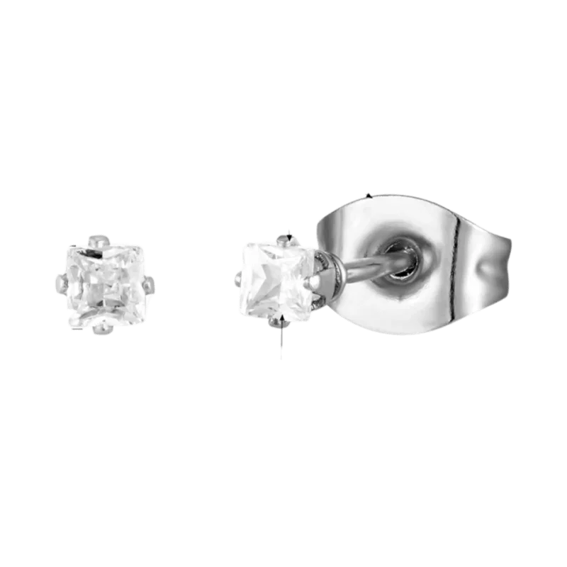 Paar oorbellen met vierkante heldere edelstenen.