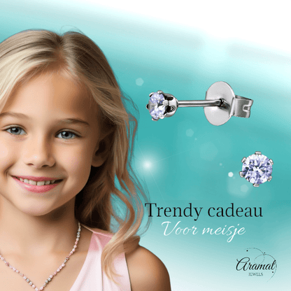 Zilverkleurige Zirkonia Oorbellen 3mm Lila - Aramat Jewels - Oorbellen - cadeautip