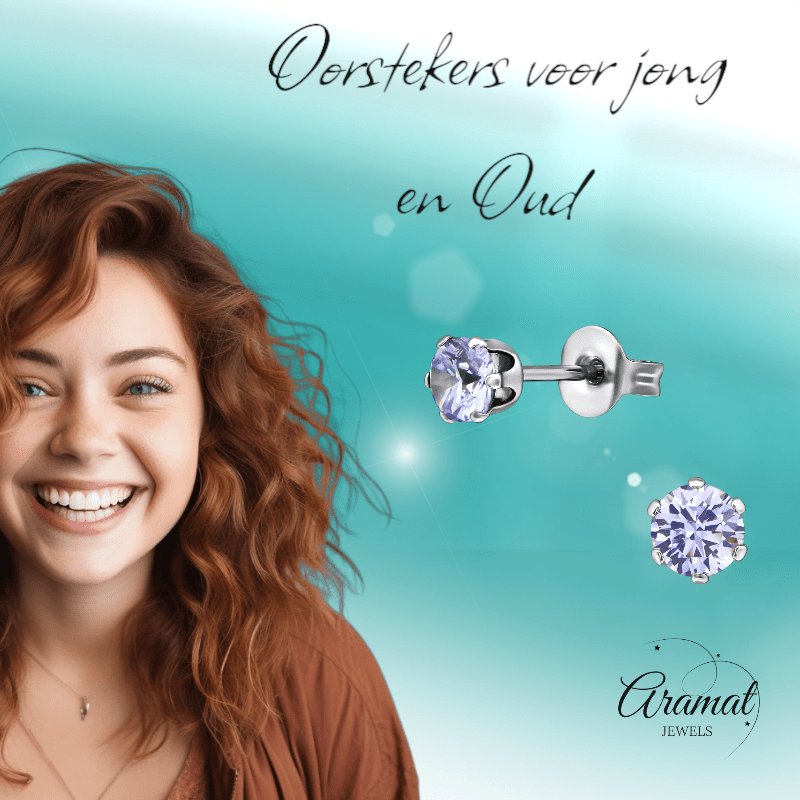 Zilverkleurige Zirkonia Oorbellen 4mm Lila - Aramat Jewels - Oorbellen - cadeautip