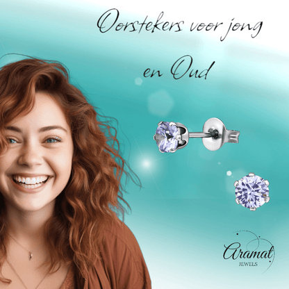 Zilverkleurige Zirkonia Oorbellen 4mm Lila - Aramat Jewels - Oorbellen - cadeautip