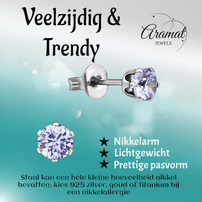 Zilverkleurige Zirkonia Oorbellen 4mm Lila - Aramat Jewels - Oorbellen - cadeautip