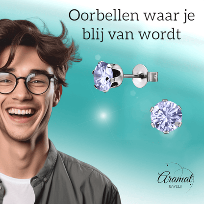 Zilverkleurige Zirkonia Oorbellen 6mm Lila - Aramat Jewels - Oorbellen - cadeautip